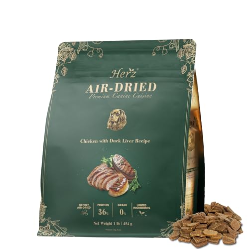 Herz エアドライ ドッグフード 454g プレミアムカニンキュイジーヌ チキン & ダックレバー レシピ グレインフリー ナチュラル 高タンパク質 台湾製造 成犬用 総合栄養食 1枚目 画像