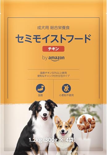 by Amazon ドッグフード セミモイストフード 成犬用 チキン味 1.2kg (300g×4袋) [総合栄養食]【国産】 (Wag) 1