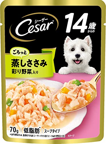 シーザー パウチ 14歳からの シニア犬用 70gx16袋 ごろっと蒸しささみ 彩り野菜入り 低カロリー 低脂肪 スープタイプ 高齢期 ウェットフード ドッグフード 犬 Cesar 1枚目 画像