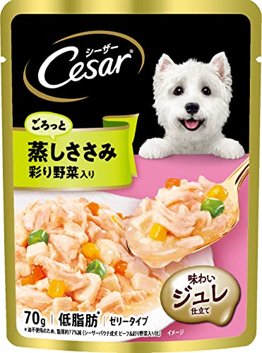 シーザー パウチ 成犬用 70gx16袋 ごろっと蒸しささみ 彩り野菜入り 低カロリー 低脂肪 水分補給 ゼリータイプ 味わいジュレ仕立て ウェットフード ドッグフード 犬 Cesar 1枚目 画像