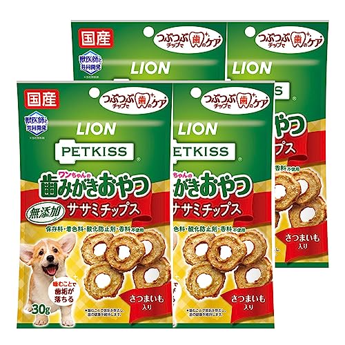 ライオン PETKISS ワンちゃんの歯みがきおやつ 無添加ササミチップス さつまいも入り 4個パック チキン 無添加さつまいも (まとめ買い) 1枚目 画像