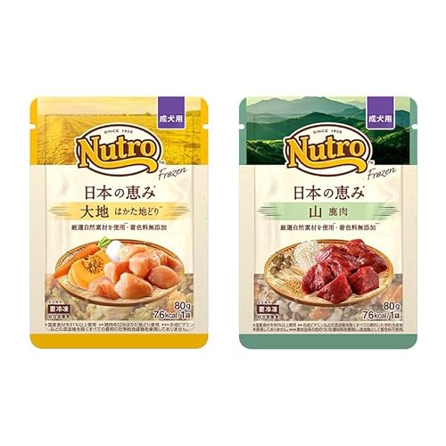 Nutro 【冷凍】 日本の恵み 成犬用 お試し2種バラエティセット 80g×2袋 国産 総合栄養食 無添加(着色料) 厳選自然素材 ドッグフード 消化吸収に良い 大容量 ニュートロ フローズン パウチ 好き嫌いが多い愛犬に（はかた地どり・鹿肉）お一人様１点限り 1