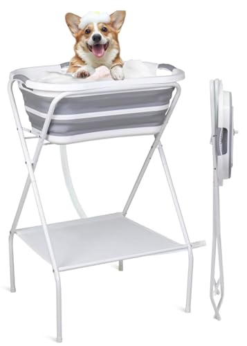 TUIYIDUO 犬 バスタブ ペット用バスタブ 折りたたみ スタンド付き 猫犬浴槽 大容量 猫犬お風呂用 ポータブルバスタブ 内外に適用 排水プラグが付く (グレー) 1