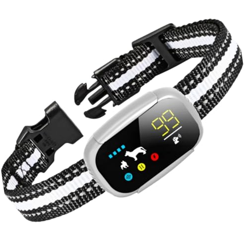 【NEW】無駄吠え防止 首輪 愛犬むだぼえ防止グッズ 全自動式 犬しつけ IP67防水 充電式 安全 訓練用 多段階センサー LCDディスプレー 小型犬/中型犬/大型犬用 近所迷惑防止 安眠妨害解決 無駄吠え防止用品 日本語取扱説明書付き WHITE 1