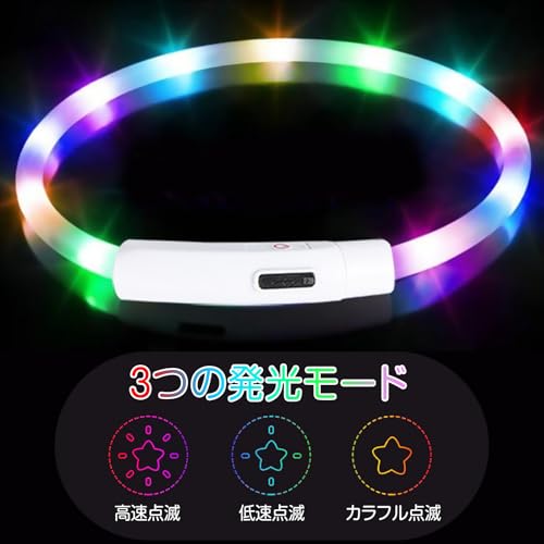 Sazuik 最新型 犬用光る首輪 散歩 ライト usb充電式 装着簡単 柔らかい 軽量 サイズ調整可能 ペット 犬 猫 LED光る首輪 安全対策 視認性 3つの発光モード (レインボー) 中間 画像