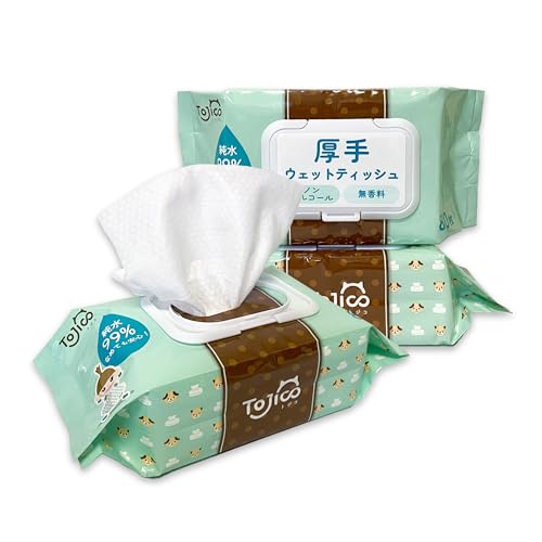 トジコ ペット ウェットティッシュ 厚手 大判 おしりふき 足拭きシート 犬 猫 小動物 ノンアルコール 無香料 純水 99% 舐めても安心 ふた付き 80枚×3個 240枚入 1枚目 画像