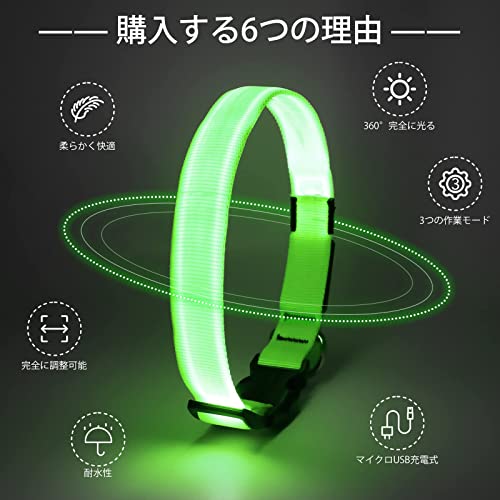 【本物のKOSKILL社】 LED光る首輪 犬用 散歩 夜 ライト USB充電式 小型犬 中型犬 大型犬 安全性 サイズ調整可能 視認距離500mで夜間も安心(グリーン, M) 最後 画像