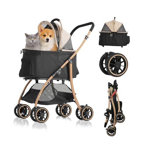 TRAIL TAIL ペットカート 軽量コンパクト ペットベビーカー 分離型・一体型と折りたたみ式 多頭の小型犬&猫 中型犬一匹用 4輪耐摩耗 静音 犬用カート 前輪360°後輪ブレーキ付 カップホルダー 犬 バギー 人気 犬 ベビーカー 組み立て簡単 耐荷重20Kg 老犬介護 お出かけ 公園散歩 旅行 通院 外出便利 (金色) 1