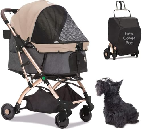 Totoro ball ペットカート 犬 バギー 4輪 犬用かーと 小型犬 中型犬 猫 多頭 ペットキャリーカート ワンタッチ折り畳み コンパクト收纳 自立式 ペットバギー犬介護用かーと軽量前輪360°回転 後輪ブレーキ付 飛び出し防止 組み立て簡単 耐荷重30KG 外出便利 (ベージュ+グレー) 1