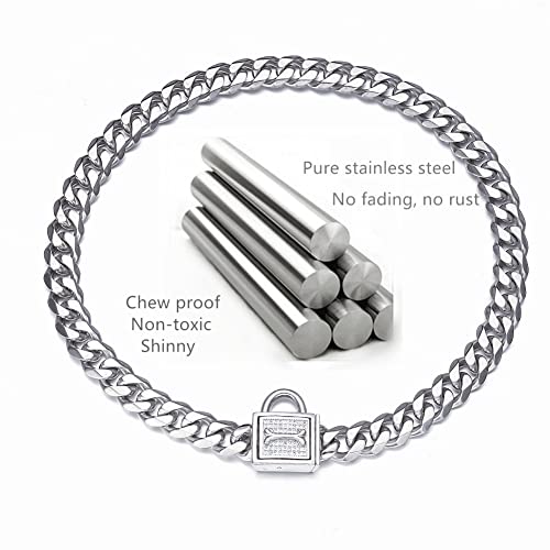 RUMYPET ドッグチェーンカラー ウォーキングメタルチョークカラー CZバックル付き、ドッグIDタグとドッグベルシルバーキューバンリンク 11MM/15MM/19MM 噛み防止 小中大型犬用(19mm、14インチ) 中間 画像