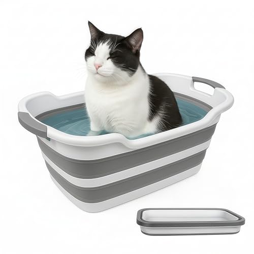 SunStarsPets 折りたたみ ペットバスタブ 大型 洗い桶 多機能たらい ペットバス 猫犬用 洗濯・収納・アウトドア対応 水抜栓付 ソフトバケツ コンパクト設計 (グレー, L) 1