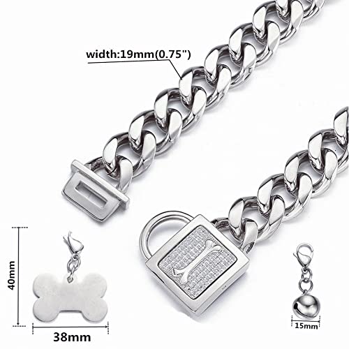 RUMYPET ドッグチェーンカラー ウォーキングメタルチョークカラー CZバックル付き、ドッグIDタグとドッグベルシルバーキューバンリンク 11MM/15MM/19MM 噛み防止 小中大型犬用(19mm、14インチ) 最後 画像