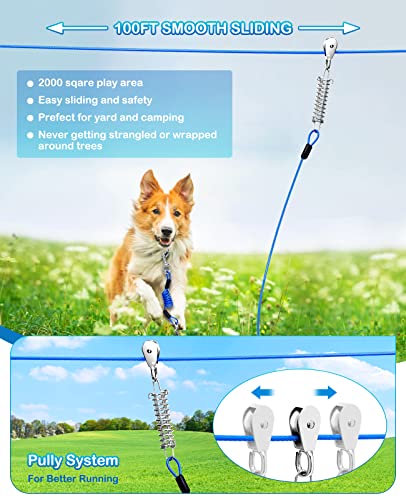 アップグレード犬用ランナー 庭用 犬用トロリーシステム 伸縮性ケーブル付き 大型犬用 100フィート 犬用タイアウトケーブル 10フィートのリード付き 犬用ランナー 庭用ジップライン アウトドア ドッグラン キャンプ用品用 中間 画像