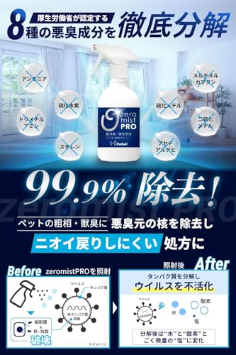 【獣医師監修×製薬会社共同開発】プロ仕様 ペット用消臭スプレー 犬や猫のトイレ・粗相・ペット臭に 犬用デオドラント 日本製 除菌 無香料 0mistPro [33種の悪臭元・ウィルスを徹底除去] (500ml ボトル) 中間 画像