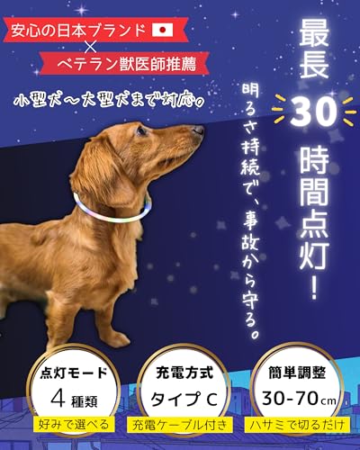 Tailoop [獣医師推薦] 光る首輪 [一度の充電で30時間使える] 犬 散歩 ライト 小型犬 大型犬 サイズ調節可能 （虹色,70cm） 最後 画像