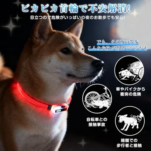 Sazuik 2025新登録 犬用 光る首輪 15つ発光モード 多色発光 USB充電式 サイズ調整可能 電量表示 装着簡単 ペット LED首輪 犬 猫 夜散歩ライト 軽量 安全対策 視認性 小型・中型・ 大型犬 中間 画像