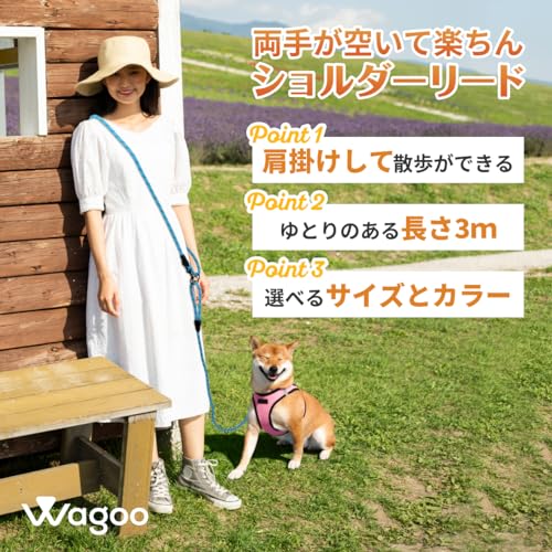 Wagoo 犬 リード ショルダーリード 3m ロープ 小型、中型、大型犬用リード 肩掛け ハンズフリー たすき掛け 斜め掛け 多機能 (太さ1.0cm/M, ブルー) 最後 画像