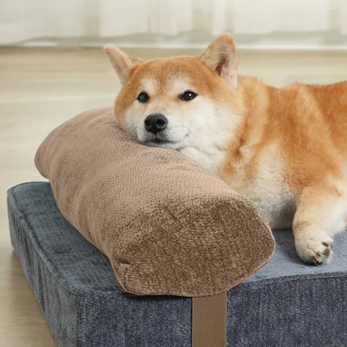 EMME ペット抱き枕 あごのせ枕 ロング ペットベッド用 ロングピロー ロングまくら シェニール生地 ふわふわ 犬用 猫用 洗える ゴム調整付き 小型 中型 子犬 老犬 50x13x7.5cm茶色 Mサイズ 1