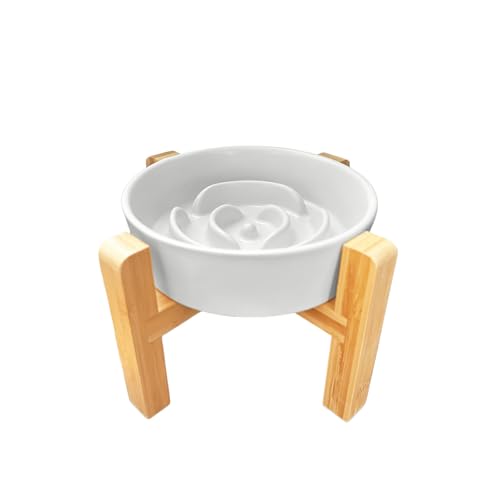 [Pawspick] フードボウル 陶器 早食い防止 食器 小型犬 猫 犬 ペット えさ皿 スローフィーダー 健康管理 スタンド付き (ホワイト, 【S】スタンド付き) 1