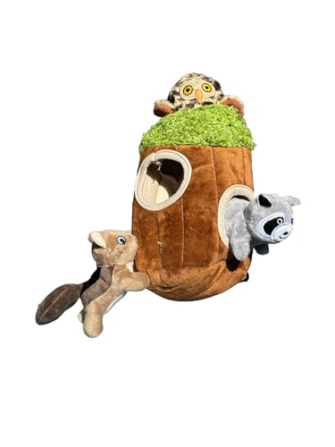 光る子犬のかくれんぼおもちゃ、インタラクティブプラシ天の木の幹の巣穴のおもちゃ、小型犬用の子犬のおもちゃ、ウッドランドカラー(小さな木と3匹の動物) 1