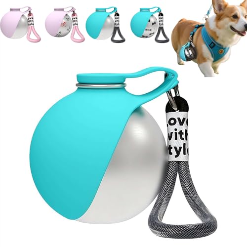小型犬用携帯用ウォーターボトル、折りたたみ式シリコンボウル付き2-in-1漏れ防止トラベルウォーターボトル、ステンレス製犬用ドリンクディスペンサー、ストラップ付きコンパクトペットボトル、散歩やハイキングに最適 (青) 1