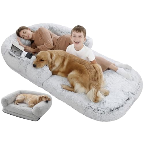 【大型犬 ベッド 洗える】180cm 3way 多頭飼い対応 ふわもこペットベッド ソファーベッド 犬用ソファー クッション 滑り止め付き 犬と一緒に寝られる ソファベッド LuxDee (1 ライトグレー) 1