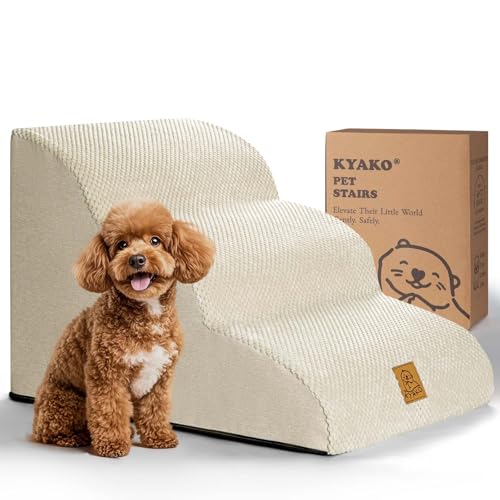 KYAKO 犬 階段 犬 ステップ 高さ40CM ペット 階段 犬 スロープ ドッグステップ ペット スロープ ペット用階段 犬 段差 ケガ防止 滑り止め付き カバー取り外し可能 35D高密度 ハンドル付 小型犬 シニア犬 子犬適用 (BEIGE, 3段) 1