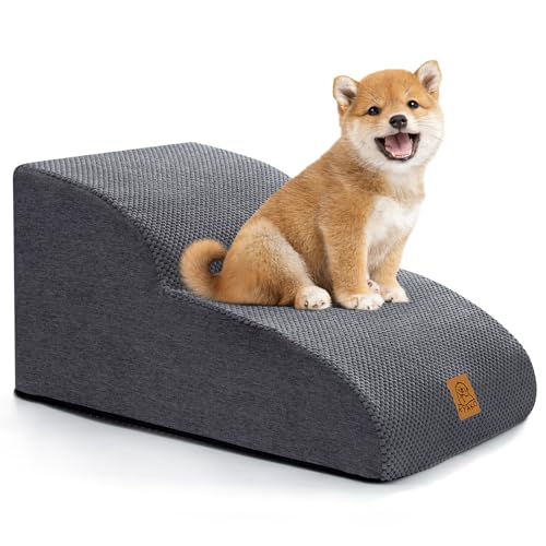 犬 階段 ペット スロープ 2段UP 犬 ステップ ペットステップ 35D高反発 犬用階段 犬 スロープ ドッグステップ 犬の階段 ペット用階段 犬 段差 犬用スロープ 段差解消 滑り止め付き 洗えるカバー ハンドル付き 安全 小型犬/中型犬/シニア犬/子犬/猫/ウサギ適用 (グレー, 二段Plus) 1