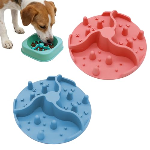 2個 早食い防止 食器 犬 猫用 スローフィーダー 犬 猫 食器 組み込み型 強力吸盤付き ぺット 食べ過ぎ防止 皿 滑り止めフードボウル 洗いやすい 取り外しプレート 小型犬/中型犬適用 ペット用品(ブルー+ピンク 10CM) 1