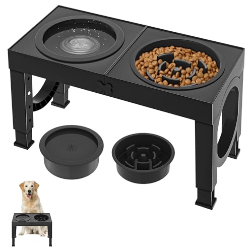 Aystkniet 犬 食器台 ペット 餌台 早食い防止 食器 エサ台 低速給水 高さ調節可能 餌入れ 犬 ご飯台 フードボウル 台 お皿 中型犬 大型犬 ペット用品 食器 フードスタンド付き ペット皿 滑り止め 給餌容器 給水容器 コンパクト ボウル取り外し可能 ボウル2個 給餌 水やり 折り畳んで収納 洗いやすい 黒い 1