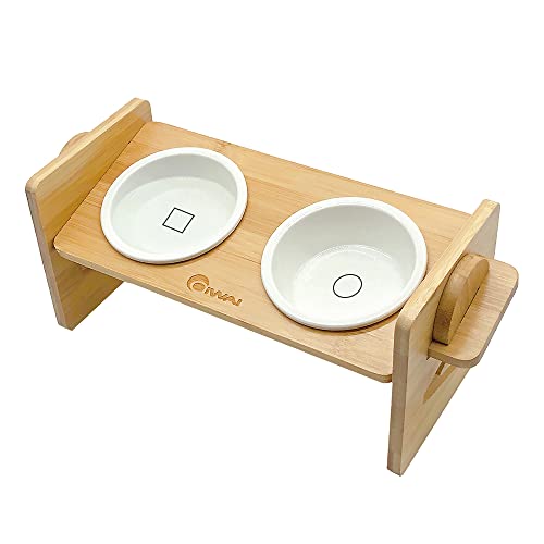 猫食器 犬用食器 ペットの食器台 猫 犬用フードボウル 水ボウル セラミックボウル エサ台 竹製食器スタンド 高さ調節可能 傾斜15度 頸椎を保護 （36*14.2cm 斜め餌台面 ） 1