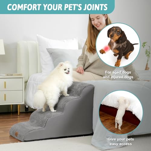 COZY KISS 犬用階段 小型犬用 高さ19.7インチ カーブドドッグステップ 子犬 年配者 猫用 中型ペットスロープソファ カウチ ベッド はしご 高密度フォーム付き 4ステップ 15.7x28.3x19.7インチ ダークグレーの特徴・詳細 画像