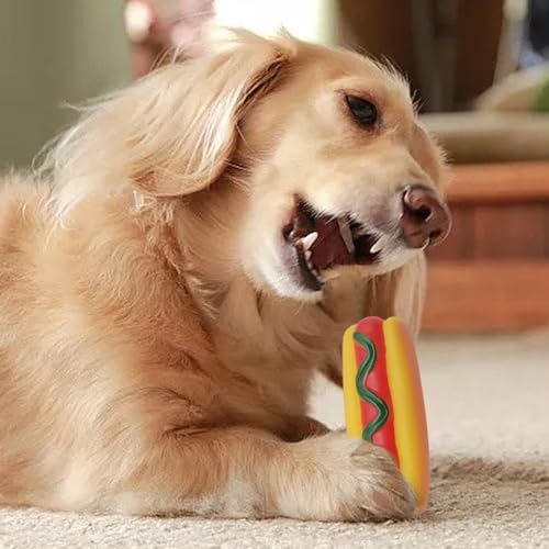 噛みつきにくい犬用おもちゃ - 音を出すホットドッグデザイン、非毒性ゴム |噛む満足感、フェッチトレーニング補助、ストレス解消の楽しみ、子犬の運動、室内遊び、野外活動、成犬にの詳細・まとめ 画像