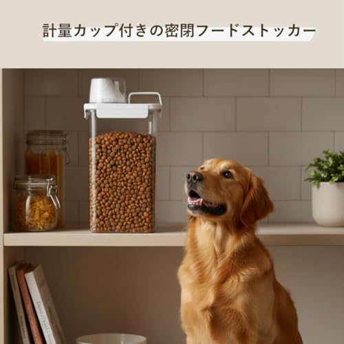 ペットフードストッカー 密閉容器 犬 猫 ドッグフード保存容器 計量カップ付き 透明 大容量 餌入れ 収納 (2300, ミリリットル)の詳細・まとめ 画像