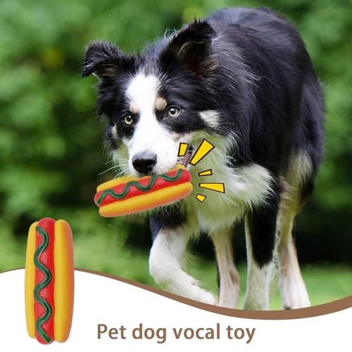 噛みつきにくい犬用おもちゃ - 音を出すホットドッグデザイン、非毒性ゴム |噛む満足感、フェッチトレーニング補助、ストレス解消の楽しみ、子犬の運動、室内遊び、野外活動、成犬にの特徴・詳細 画像