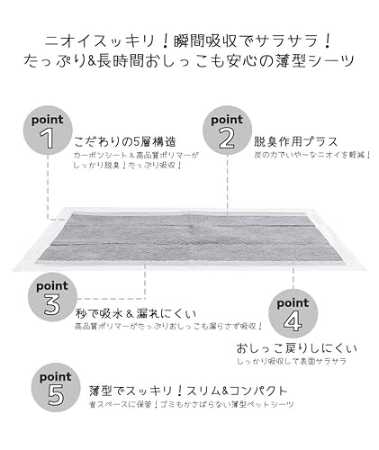 Petifam ペットシーツ カーボンペットシーツ 薄型 ペット用トイレシーツ 脱臭カーボンシート付き 炭入り消臭 全犬種用 高吸水ポリマー配合 レギュラー 33×45(cm) (100枚入, レギュラー)の特徴・詳細 画像