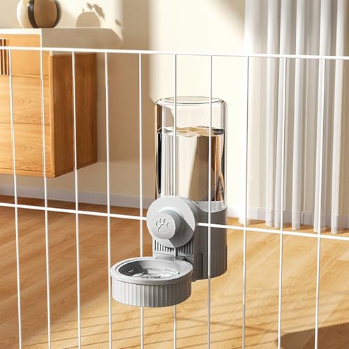 Essgudo ペット用 自動給水器 ケージ取付 吊り下げ式 大容量 電源不要 透明タンク 清潔簡単 簡単設置 ウォーターボトルタイプ 猫 犬 うさぎ用 フードボウル付き グレー 520ml 1