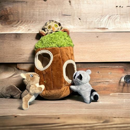 光る子犬のかくれんぼおもちゃ、インタラクティブプラシ天の木の幹の巣穴のおもちゃ、小型犬用の子犬のおもちゃ、ウッドランドカラー(小さな木と3匹の動物)の詳細・まとめ 画像