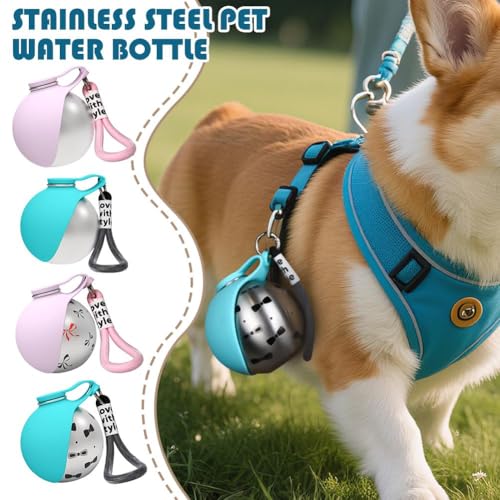 小型犬用携帯用ウォーターボトル、折りたたみ式シリコンボウル付き2-in-1漏れ防止トラベルウォーターボトル、ステンレス製犬用ドリンクディスペンサー、ストラップ付きコンパクトペットボトル、散歩やハイキングに最適 (青)の詳細・まとめ 画像