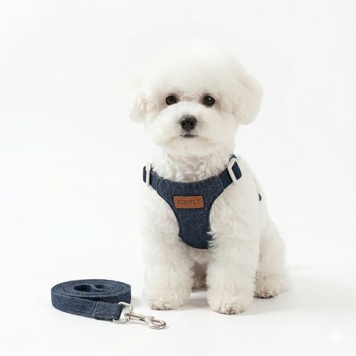 犬ハーネス 猫ハーネス リード付き 犬用ハーネス＆リードセット 小型犬、中型犬に向け 可愛い 子犬 胴回り調整可能 ハーネス 胴輪 小型犬 猫 お散歩 お出かけ 春夏秋冬 軽い 着脱簡単 引っ張り防止 洋服感覚 デニム製 (ダークブルー, L) 1