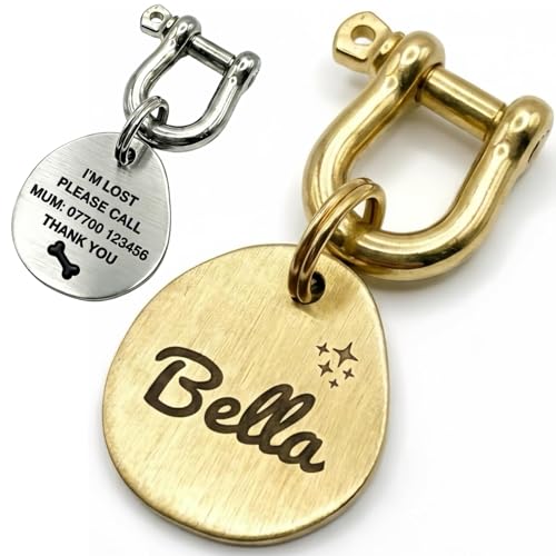 迷子札 犬 猫 真鍮 名前入り 刻印 カスタム ペット IDタグ 深彫り 防水 防錆 耐久性 丈夫 おしゃれ 迷子防止 首輪 チャーム 2段彫刻 オーダーメイド 2.5×3.0cm キーホルダー 1
