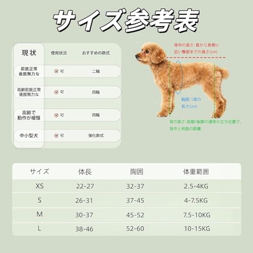JELFUNY 犬用車椅子 犬用歩行器 ペット車椅子 4輪歩行補助 サイズ調整可能 軽量 後ろ足 ペット 小型犬 中型犬 大型犬 怪我 介護 障害犬 老犬 散歩 サポート ハーネス付き 車輪 リハビリ 日本語取扱説明書 (XS, 4輪)の詳細・まとめ 画像
