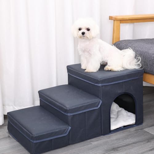 犬用階段 収納付き犬ステップ 犬階段 折り畳みペット階段 収納ボックス付き ペット用階段 ベッド用 防滑/耐荷重設計 ソファ/ベッド用 小型犬/老犬対応 軽量ポータブル (サイズ:68×35×33cm)の特徴・詳細 画像