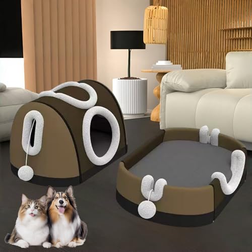 猫ハウス 猫ベッド ペットベッド 猫ハウス 折りたたみマット 猫ボックス 通気性 組み立て簡単 猫用寝床 ドーム型 防寒 猫ハウス 室内用 ドーム型 猫ベッド 2つ用途 折りたたみ式 暖かいきオールシーズン通用おしゃれかわいいお手入れ小型犬ネコ用室内用ペット用品 (茶色, M(55*40*36cm)) (M(55*40*36cm),茶色)の外観・全体像 画像