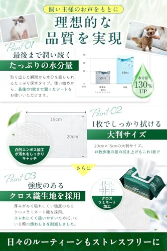 【厚労省認証のオーガニック成分×獣医師監修】極潤＆厚手 犬猫兼用ウェットティッシュ [無香料・無添加・ノンアルコールで顔回り・ペットが舐めてもok安心仕様] 大容量100枚入り×9袋 皮膚ケア成分配合 CICA 茶葉エキス ビタミンE クエン酸の特徴・詳細 画像