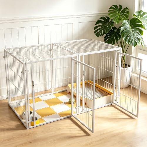 ペットサークル 犬 ゲージ ペットフェンス 犬 小型犬 中型犬 折りたたみ可能 サークルケージドア付き （2つのドア、120x60x60cm）栅 組立簡単 レイアウト自由 トイレトレーニング 脱走防止 自立 ケージ 犬用 金属製 ペット用品 DIY 室内外兼用 多頭飼い 安全柵 （屋根面付き）ホワイト 1