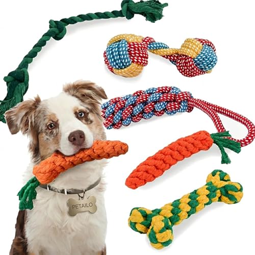 Petailo (ぺティロ) 犬 おもちゃ ロープ 5点セット 丈夫 頑丈 人気 子犬 小型犬向け <> ペット 噛む おもちゃ 縄 ひも 紐 ひっぱりっこ デンタルトイ 歯磨き ストレス解消・運動不足対策 子犬 小型犬向け 1