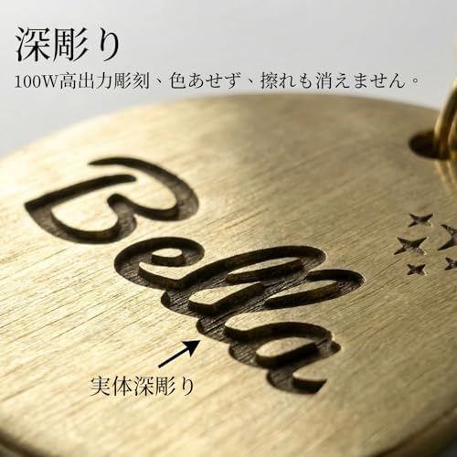 迷子札 犬 猫 真鍮 名前入り 刻印 カスタム ペット IDタグ 深彫り 防水 防錆 耐久性 丈夫 おしゃれ 迷子防止 首輪 チャーム 2段彫刻 オーダーメイド 2.5×3.0cm キーホルダーの特徴・詳細 画像