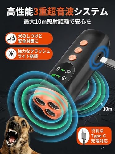 Z無駄吠え防止器 犬用 超音波トレーニング器具、3重超音波モード、最大10m照射、液晶画面付き、LEDライト搭載、USB充電式、軽量120g【2026最新型】の特徴・詳細 画像