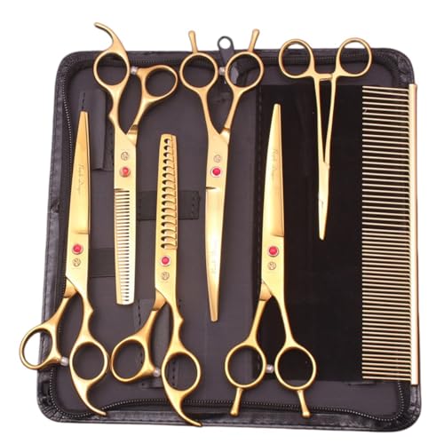 Damika 犬トリミング ペットはさみ7点セット 猫 犬用 日本から輸入する4 CR特殊ステンレス鋼を用いて製造し 耐久性に優れている 切れ味がよい 静音 保護型ペット専門美容ハサミセット 付収納バッグ/止血鉗子/ステンレスコーム (ゴールド 7点セット)の特徴・詳細 画像